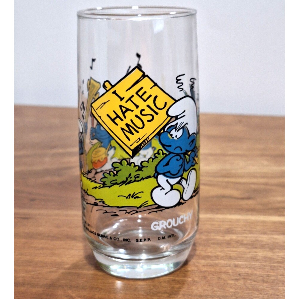 Vintage Peyo, 1982, Wallace Berrie & Co Smurf Drinking Glass Grouchy Collectible